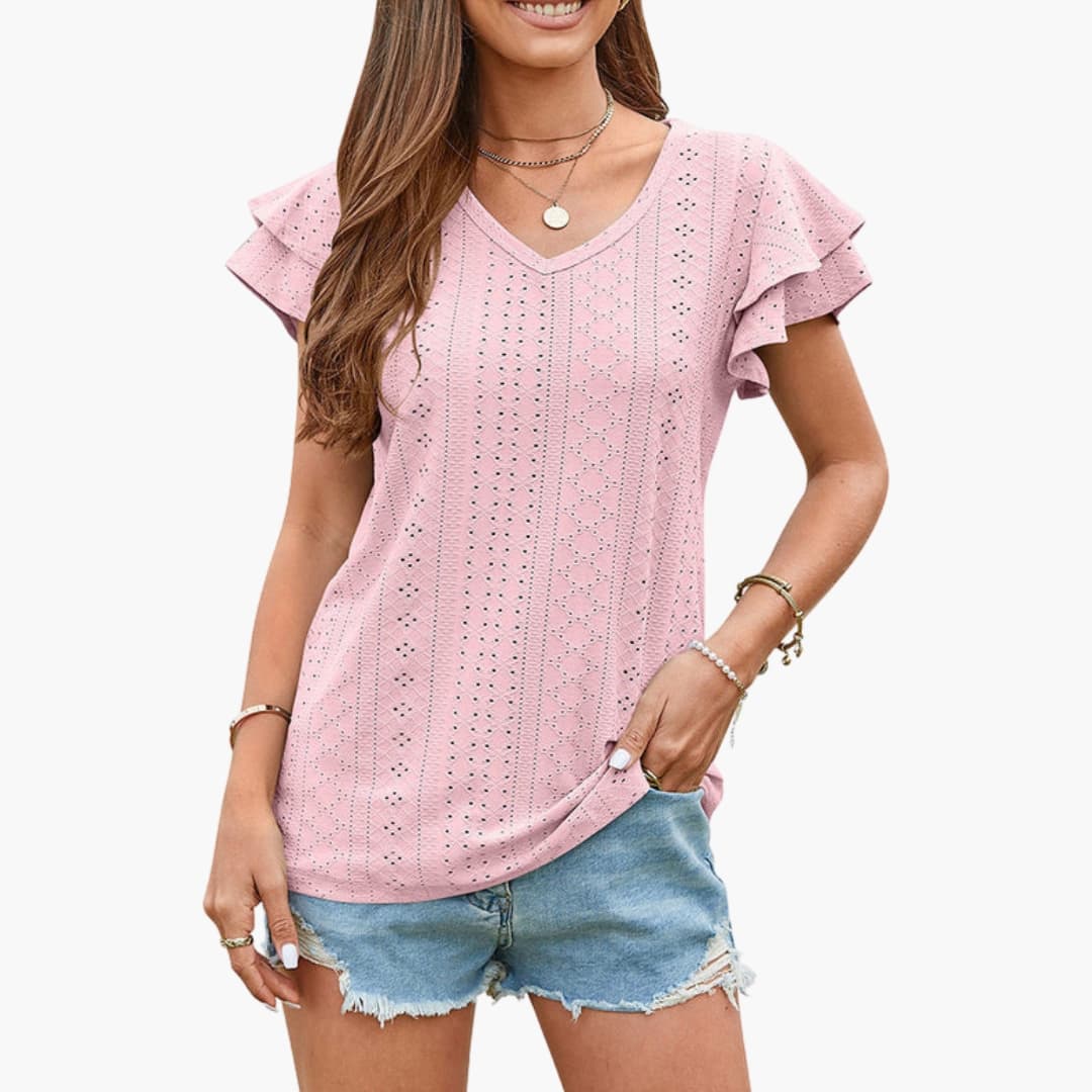 Women's V-Neck Eyelet Ruffle Sleeve T-Shirt in pink by Wilfred Smith, short-sleeve textured top