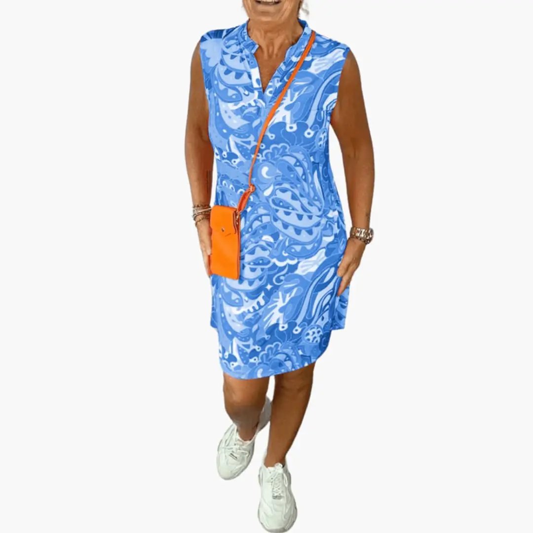 Women’s V-Neck Floral Midi Dress with Side Pockets in blue floral print