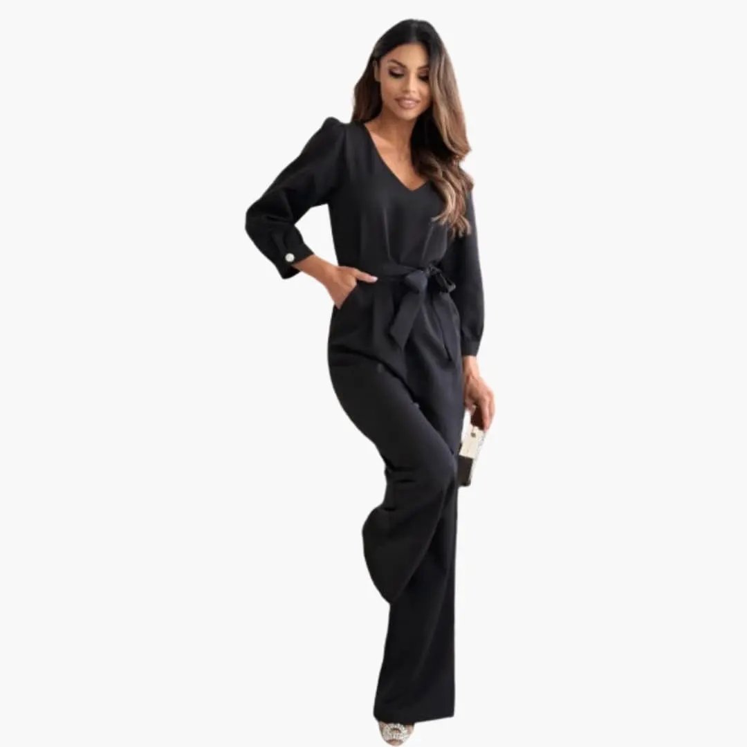 Women's V-Neck Black One-Piece Jumpsuit with adjustable belt and long sleeves