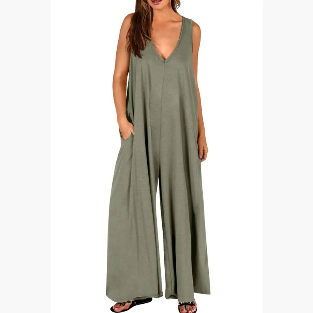 Women’s V-Neck One-Piece Jumpsuit with Pockets in olive green, wide-leg silhouette