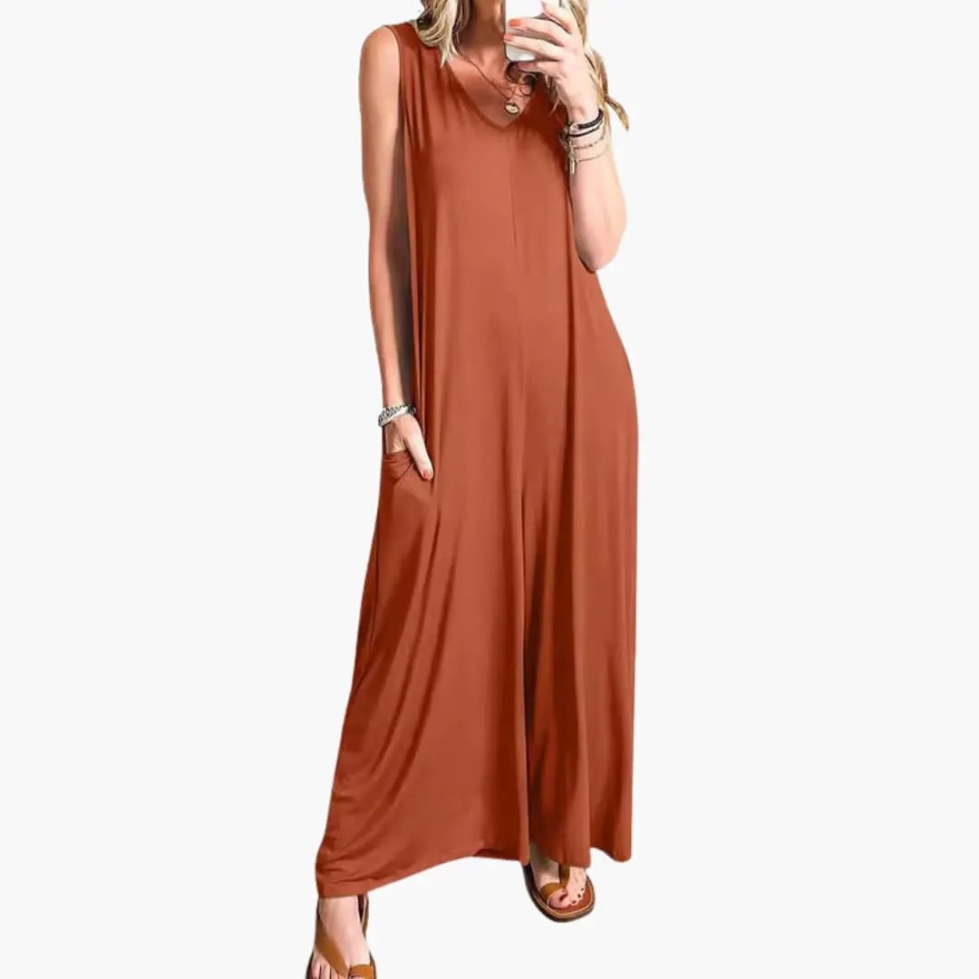 Women’s V-Neck One-Piece Jumpsuit with Pockets in rust by Wilfred Smith
