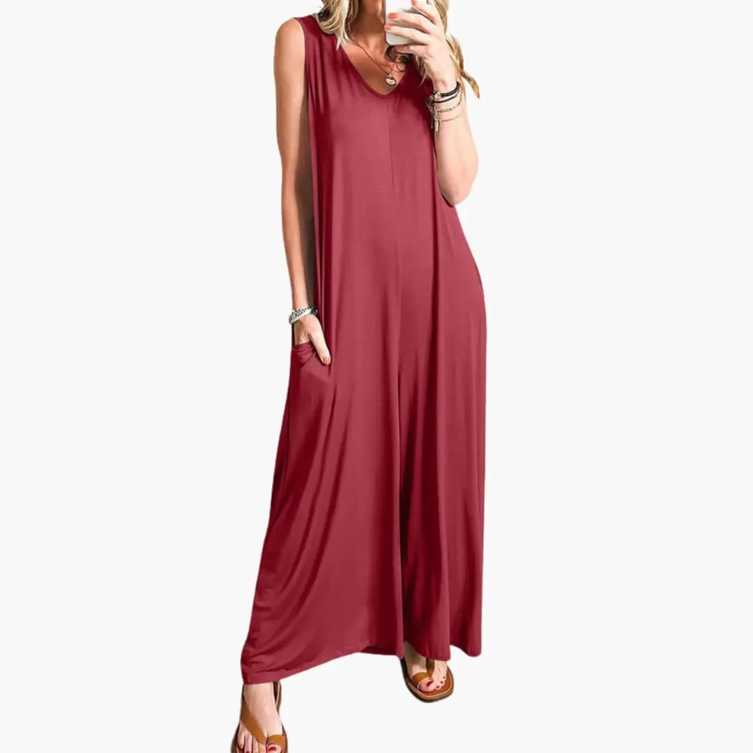 Women’s V-Neck One-Piece Jumpsuit with Pockets in burgundy, sleeveless, wide-leg.