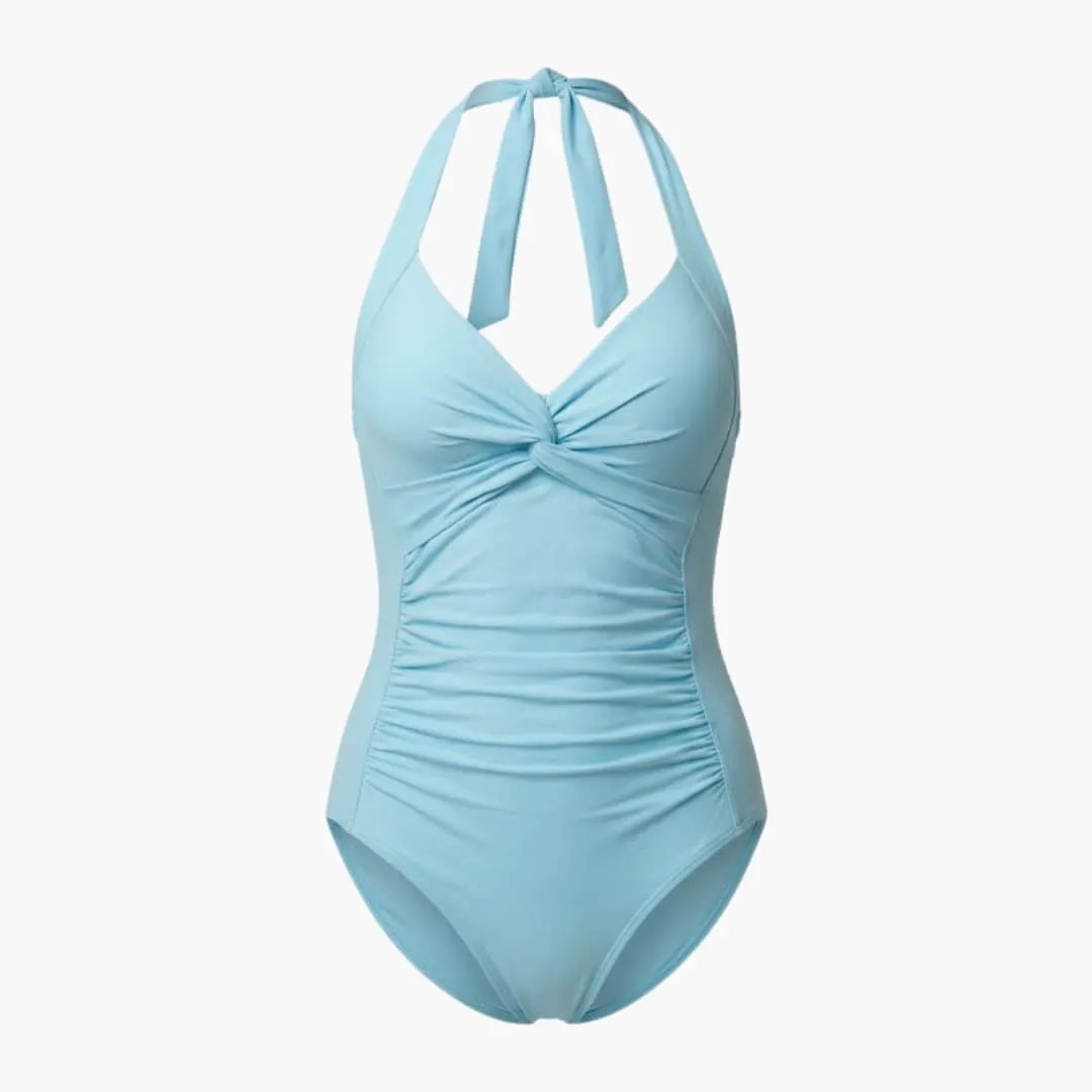 Women's light blue V-neck one-piece swimsuit with halter straps, front twist knot and ruched sides