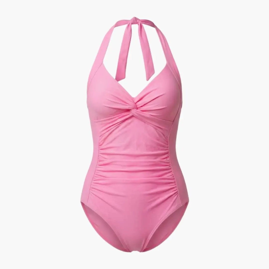 Women's pink V-neck one-piece swimsuit with adjustable halter straps and front ruching.