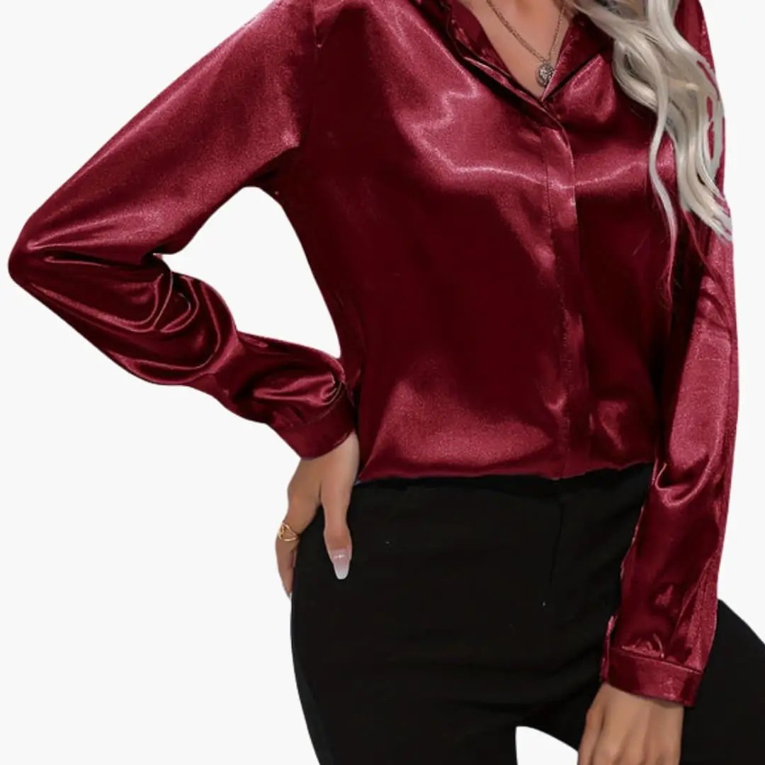 Women's V-Neck Satin-Style Blouse, long sleeves in burgundy satin woven dressy top