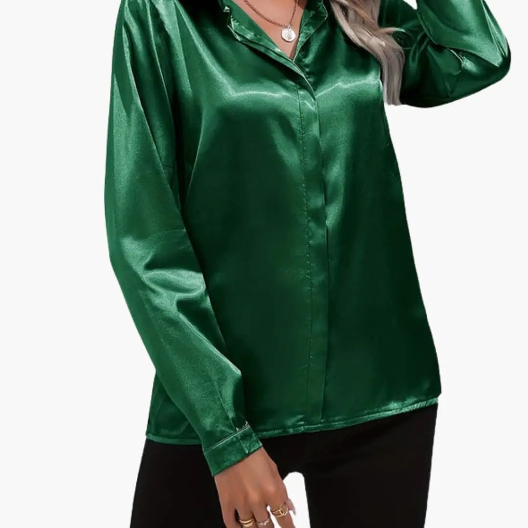 Women's V-neck satin-style blouse, emerald green, long sleeves, dressy top