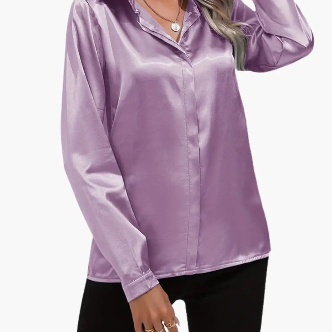 Women's satin-style blouse, lavender long-sleeve V-neck, Wilfred Smith