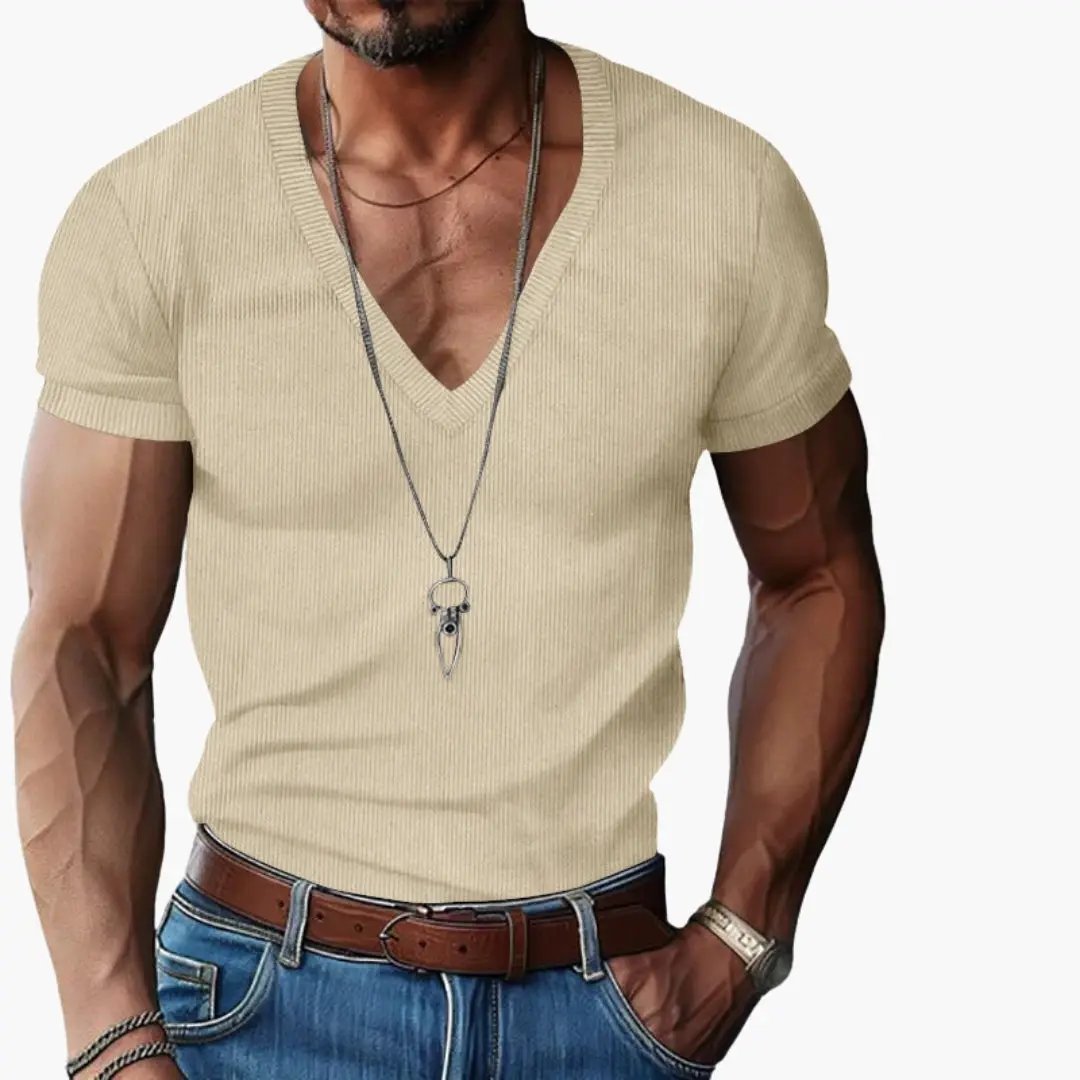 Men's beige V-neck short-sleeve knit T-shirt by Wilfred Smith