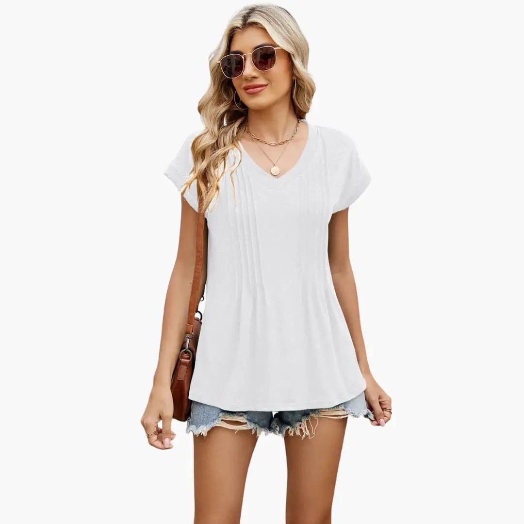 Women's V-Neck Striped Pleated Short Sleeve T-Shirt by Wilfred Smith, white