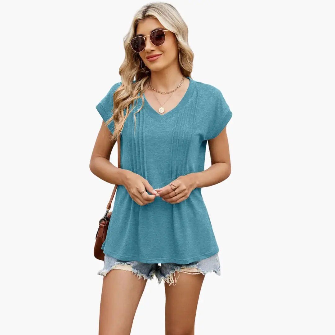 Women's V-neck striped pleated short-sleeve T-shirt in teal blue.