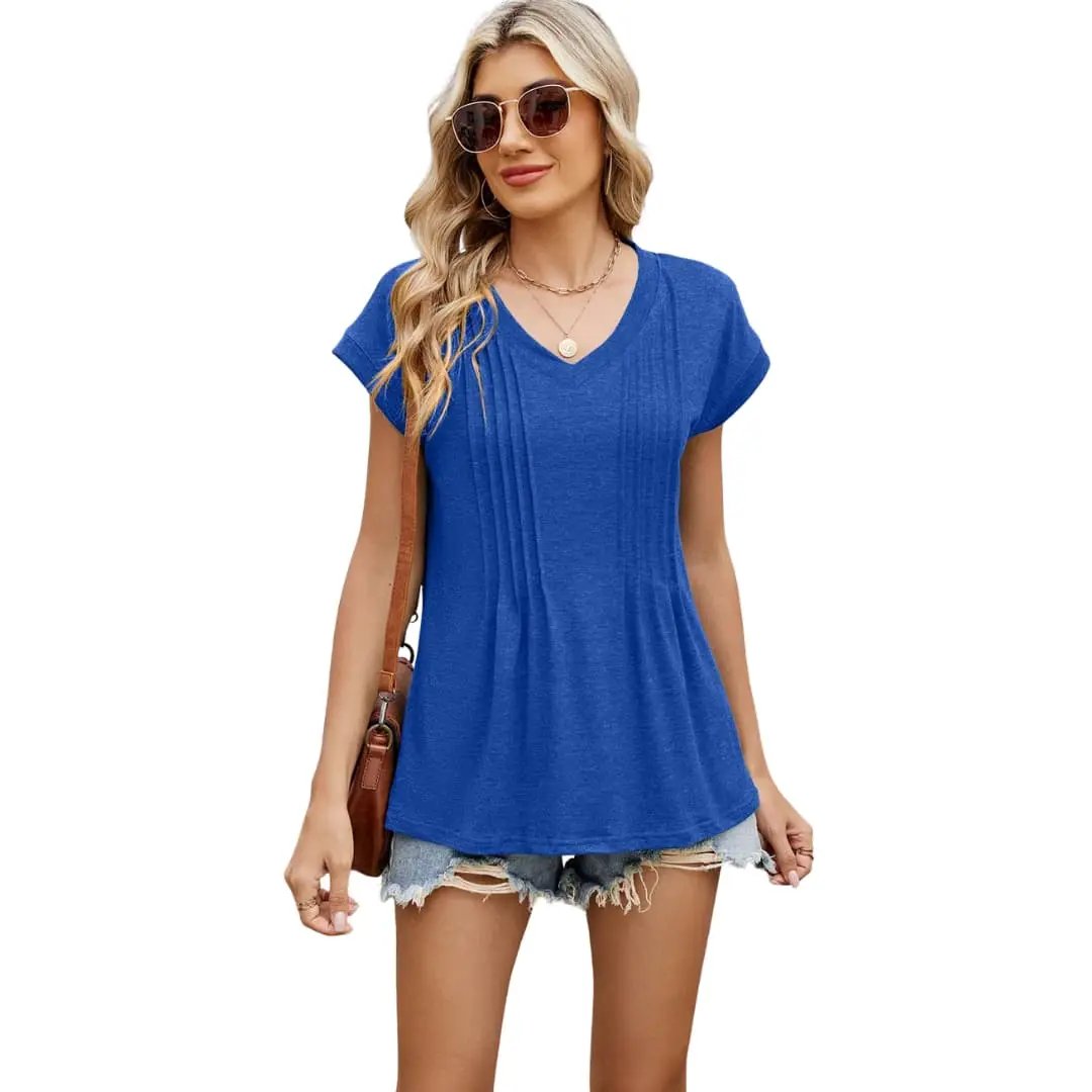 Women's V-Neck Striped Pleated Short Sleeve T-Shirt in blue.