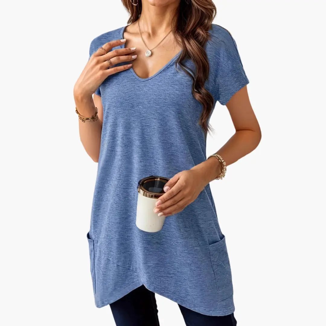 Women’s V-Neck T-Shirt with Side Pockets by Wilfred Smith, blue heather