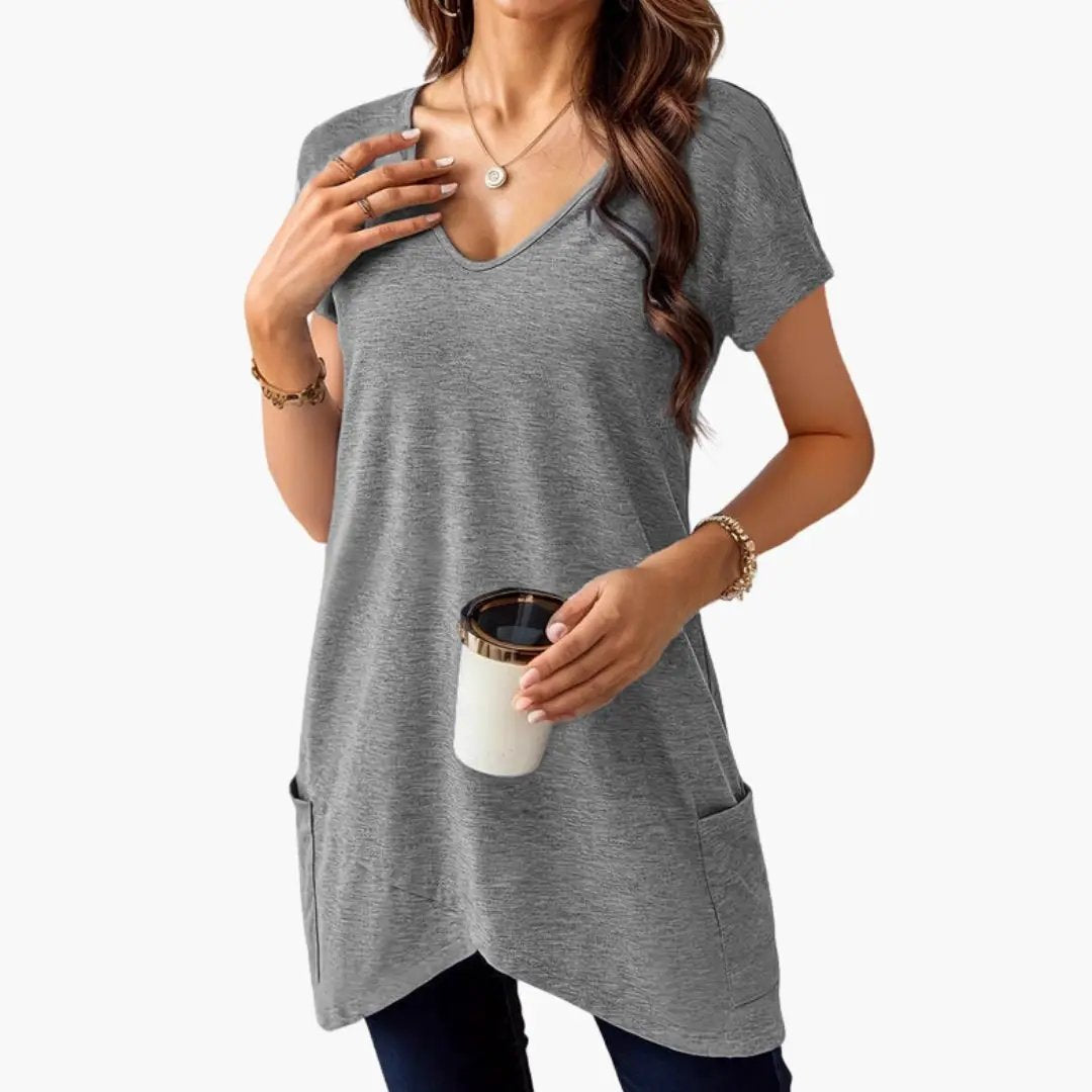 Women’s V-neck T-Shirt with Side Pockets in gray heather, short sleeves, tunic-length hem