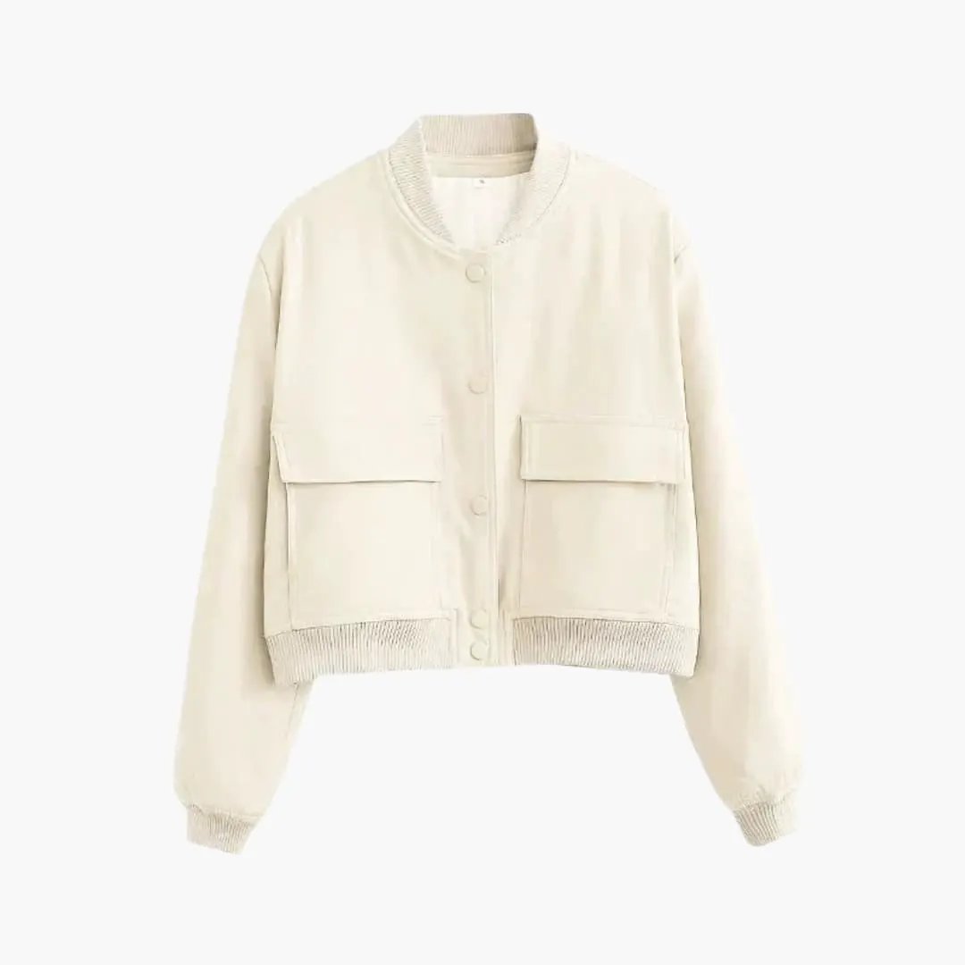 Women's Velvet Bomber Jacket by Wilfred Smith - lightweight cream velvet with ribbed collar, cuffs, hem, and two front flap pockets.