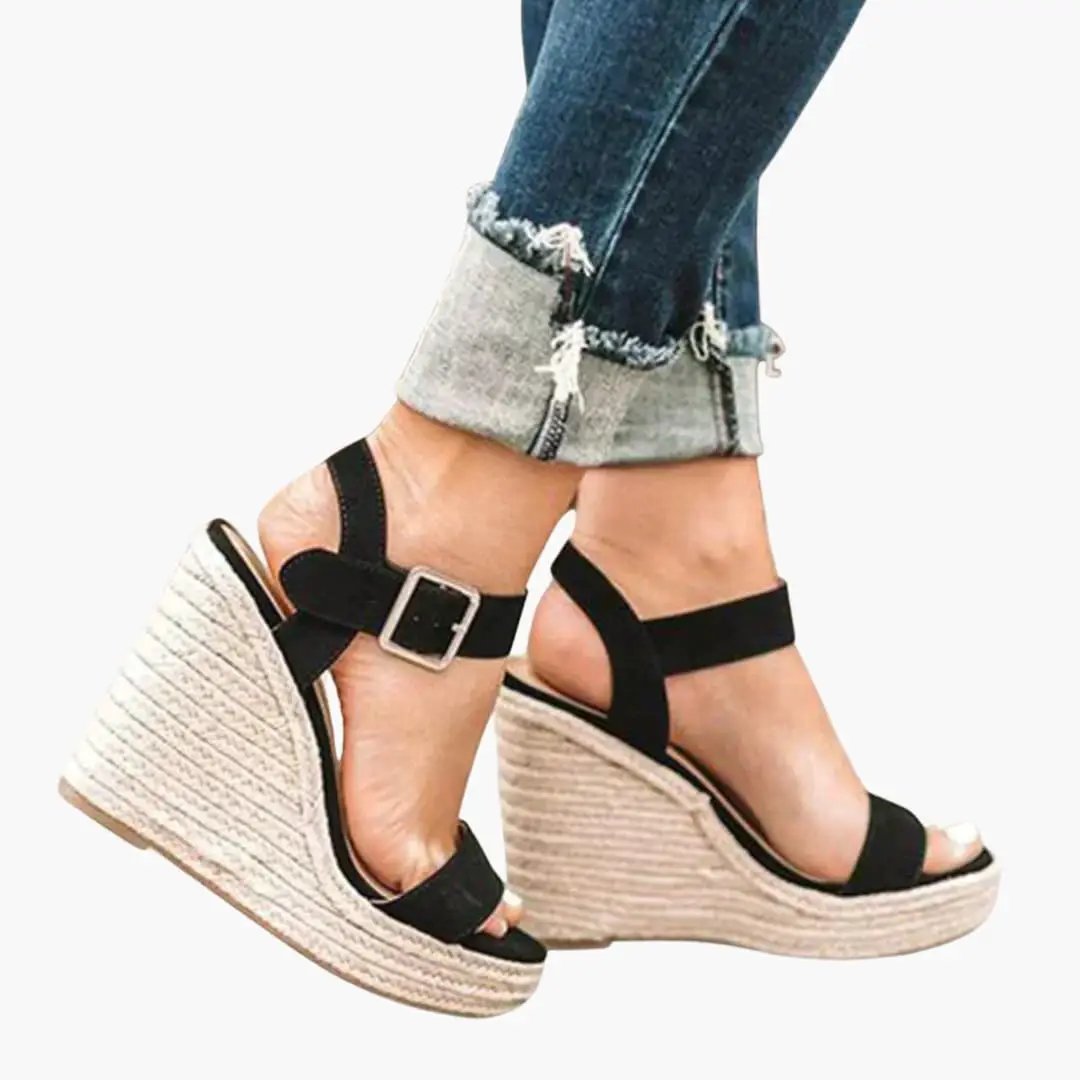 Women's wedge sandals with adjustable buckle, black straps, woven espadrille heel