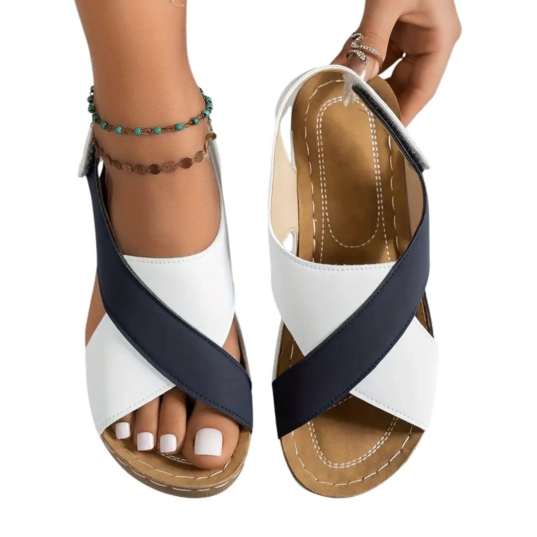 Women's wedge sandals with cushioned footbed and platform sole, navy and white cross-strap design