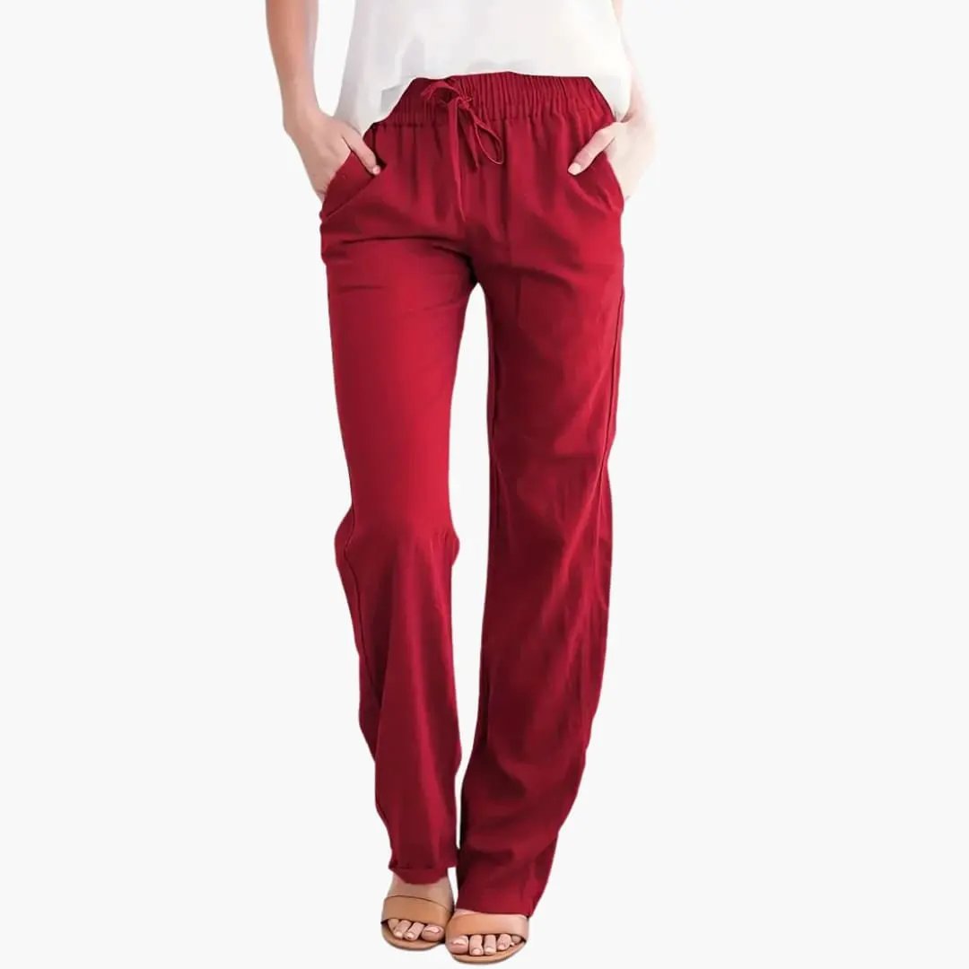 Women’s Wide-Leg Pants by Wilfred Smith in burgundy with elastic waist and pockets
