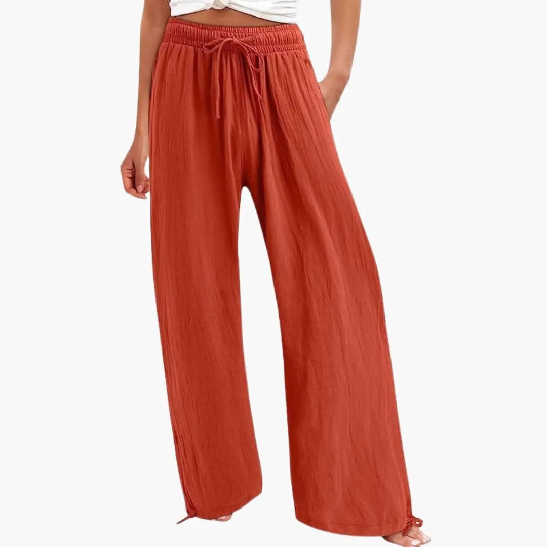 Women’s wide-leg pants with elastic waist and tie belt in rust red