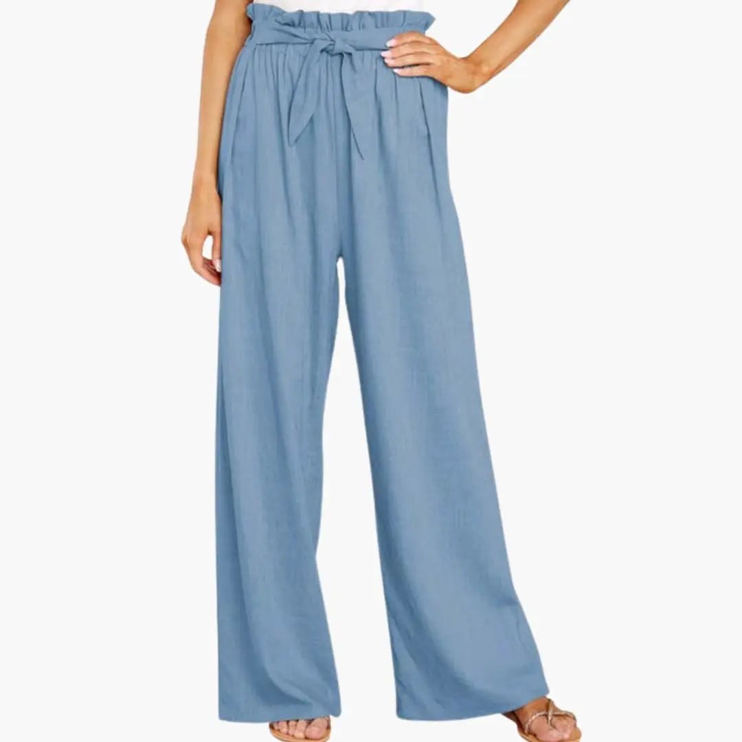 Wilfred Smith women's summer pants with elastic waistband and tie belt, light blue wide-leg trousers