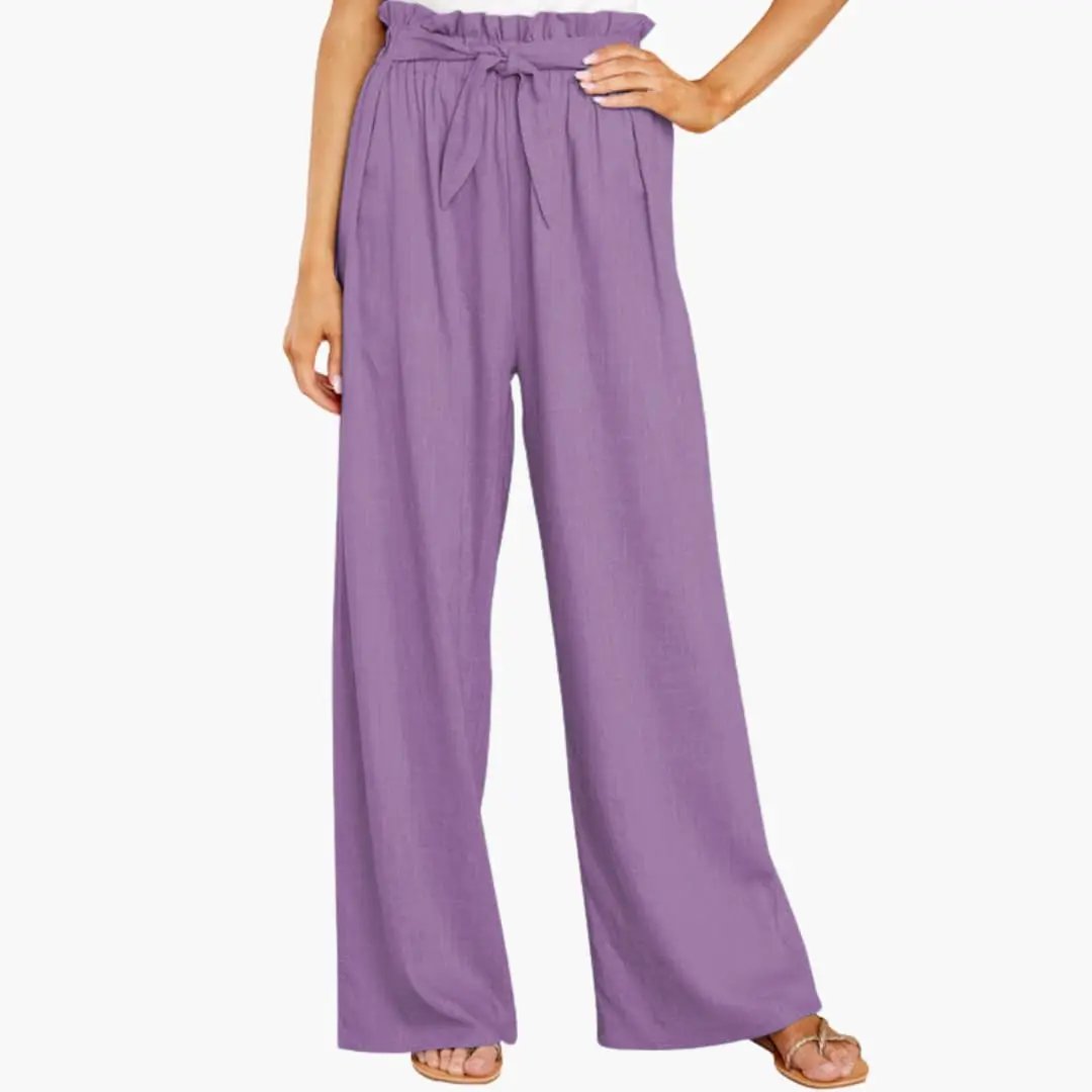 Women’s Summer Pants with Elastic Waistband and Tie Belt, purple wide-leg trousers