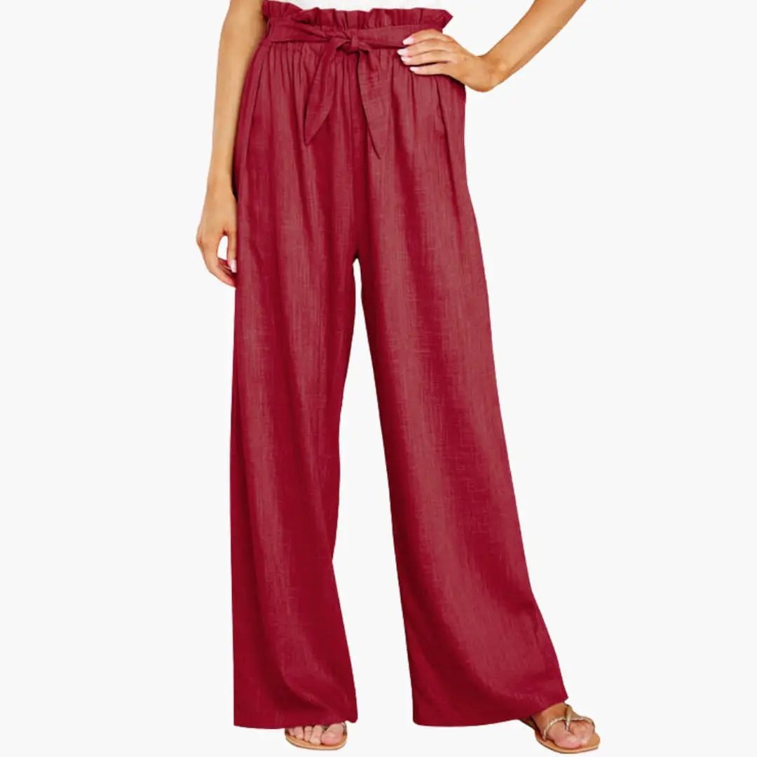 Women's wide-leg summer pants with elastic waistband and tie belt in burgundy