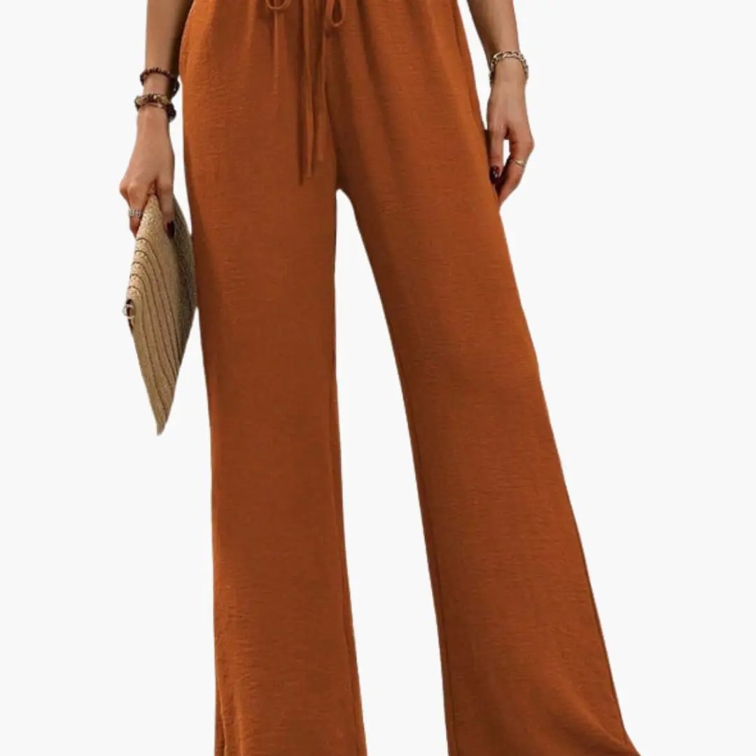 Wilfred Smith women's wide-leg pants with elastic waistband and side pockets in burnt orange.