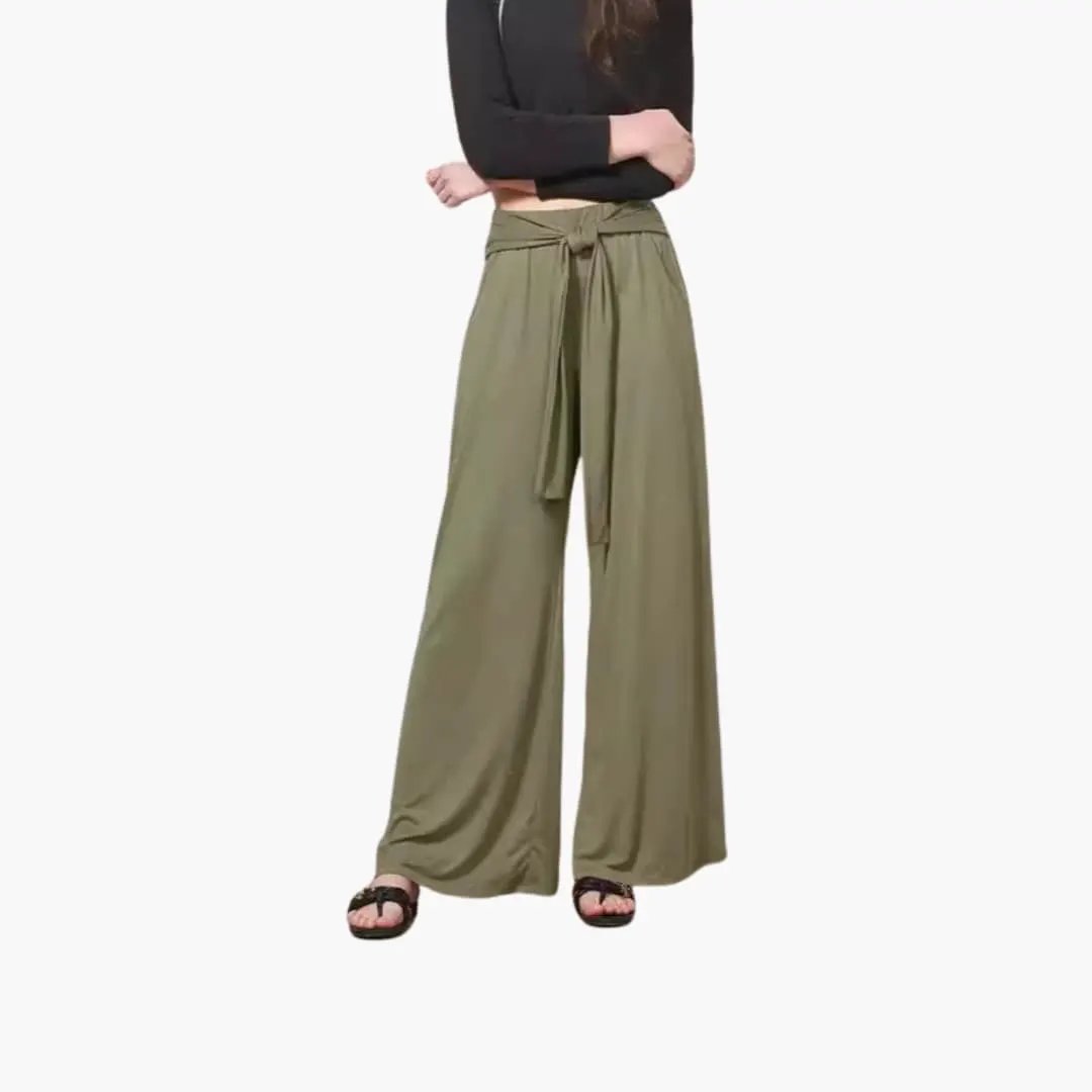 Women's wide-leg trousers by Wilfred Smith in olive with tie belt and side pockets