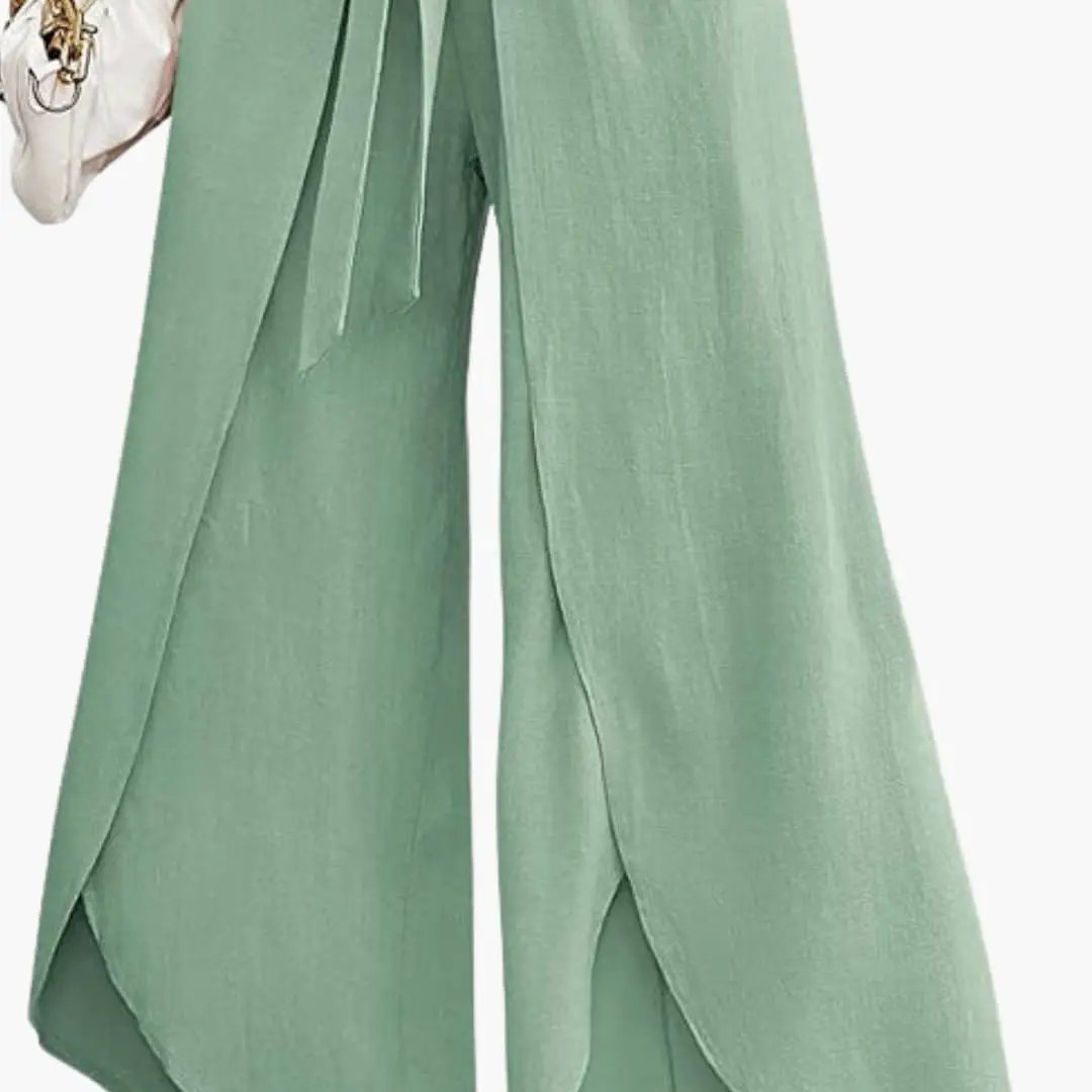 Women's summer pants with tie belt in mint green, wide-leg trousers.