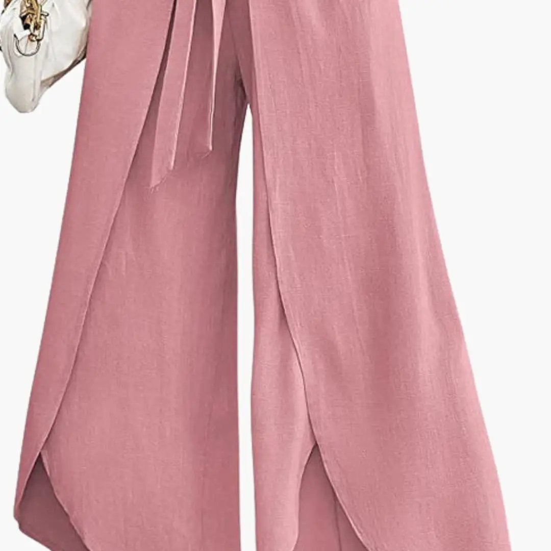 Women's summer pants with tie belt in dusty pink, wide-leg trousers