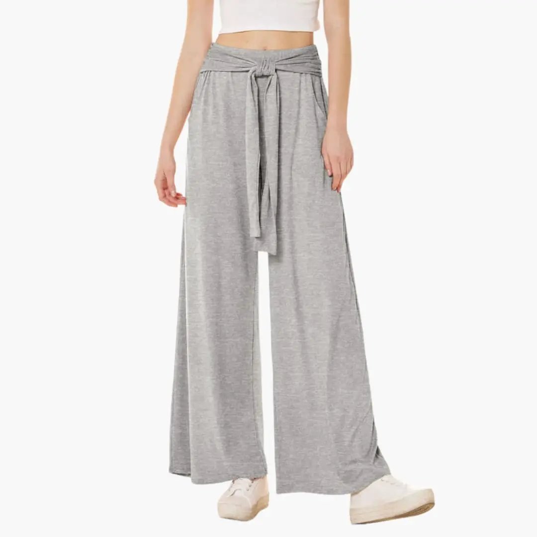 Women's trousers by Wilfred Smith: gray wide-leg pants with tie belt and side pockets.