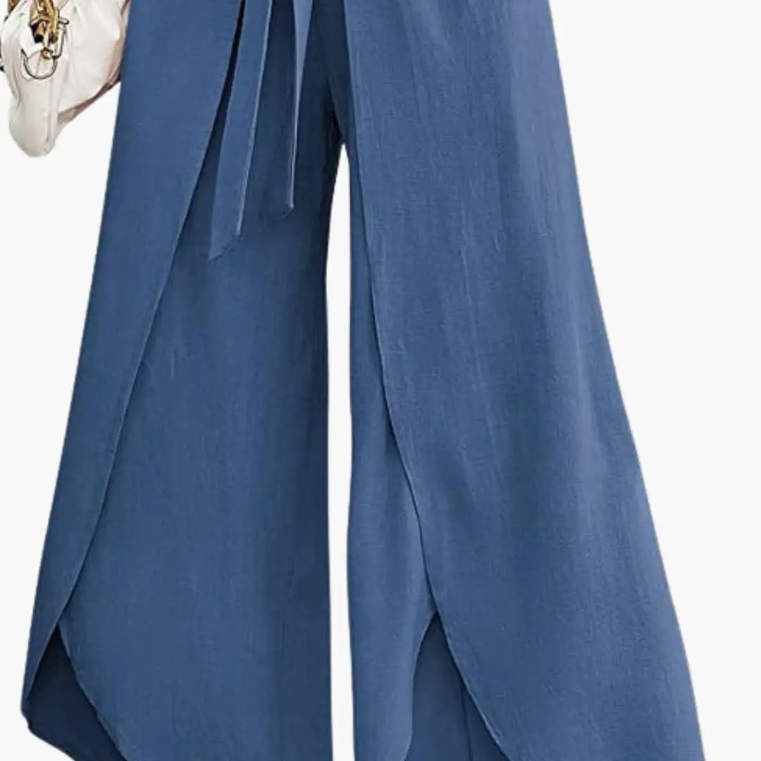 Women's blue summer pants with tie belt and wide-leg trousers