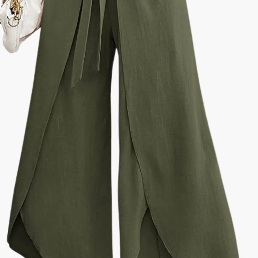 Women’s Summer Pants with Tie Belt and Wide Leg by Wilfred Smith, olive-green wide-leg trousers.