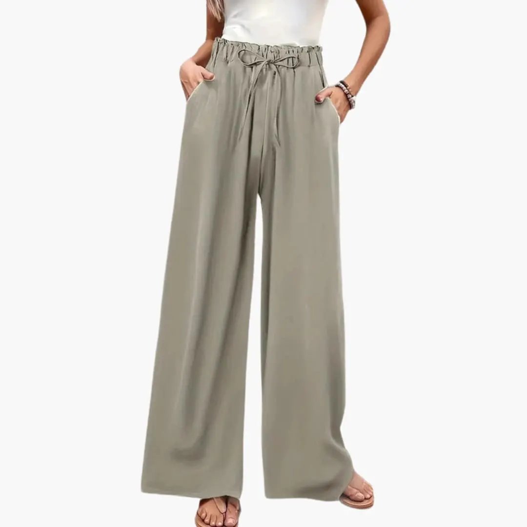 Women’s Wide Palazzo Pants with elastic waistband and side pockets in olive green by Wilfred Smith