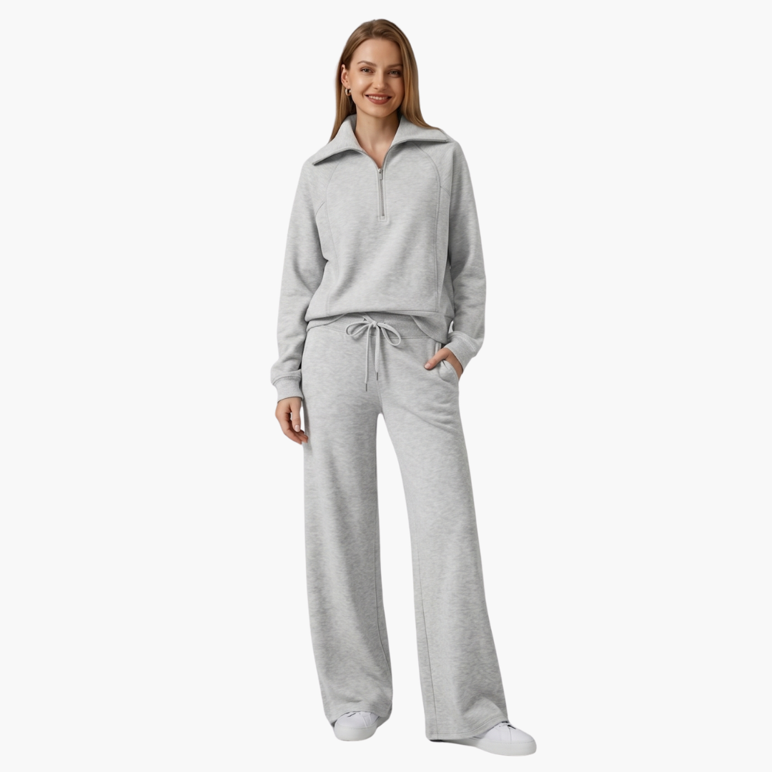 Women's Lounge Set with Half Zip and Wide Pants by Wilfred Smith in heather gray loungewear