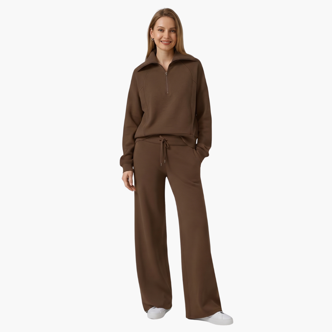 Women's two-piece lounge set with half-zip top and wide-leg pants in brown
