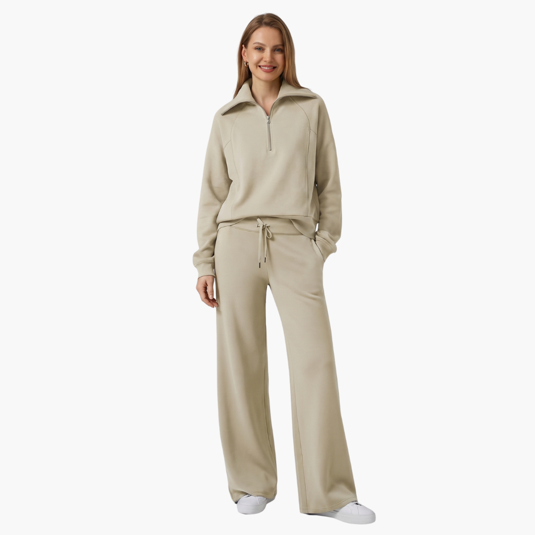 Women's lounge set with half-zip top and wide-leg pants in beige by Wilfred Smith