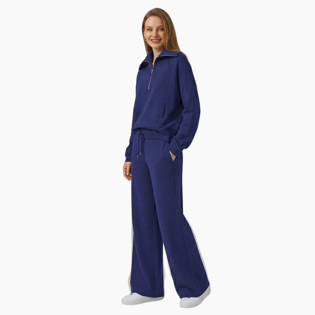 Women's lounge set with half-zip top and wide-leg pants in navy blue, two-piece loungewear.