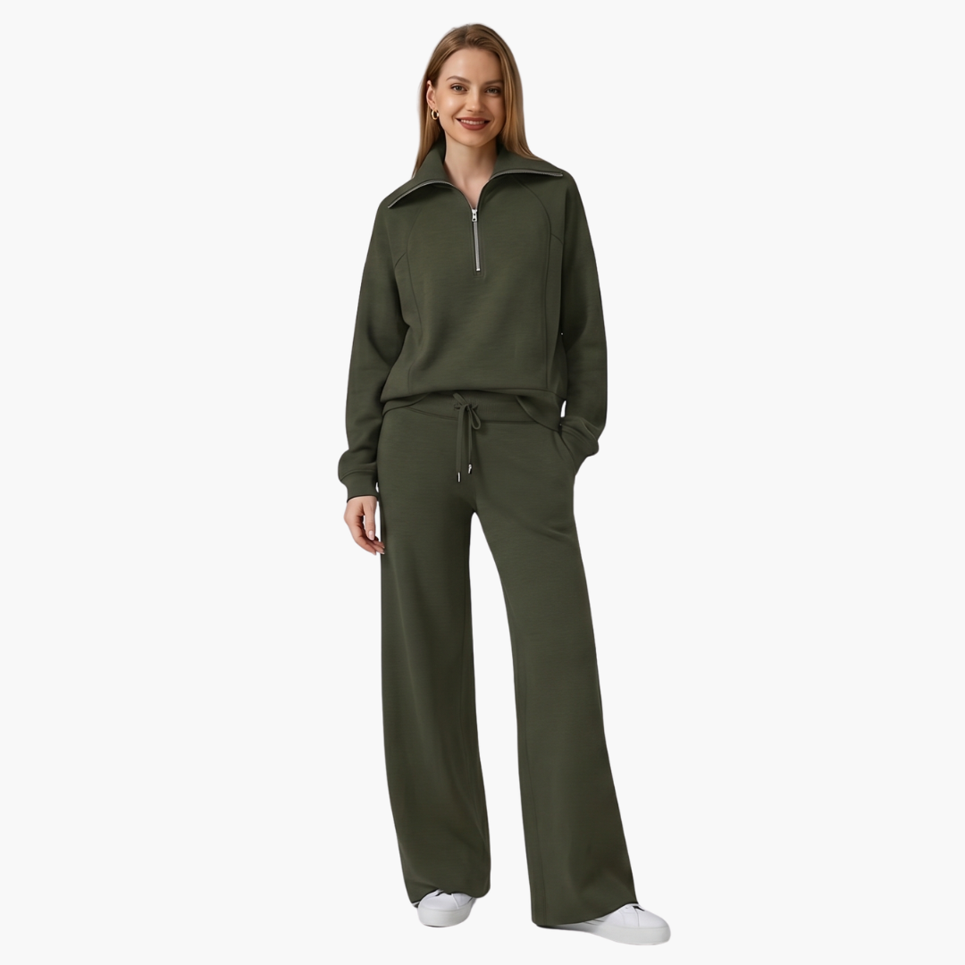 Women's lounge set with half-zip top and wide-leg pants in olive green by Wilfred Smith.