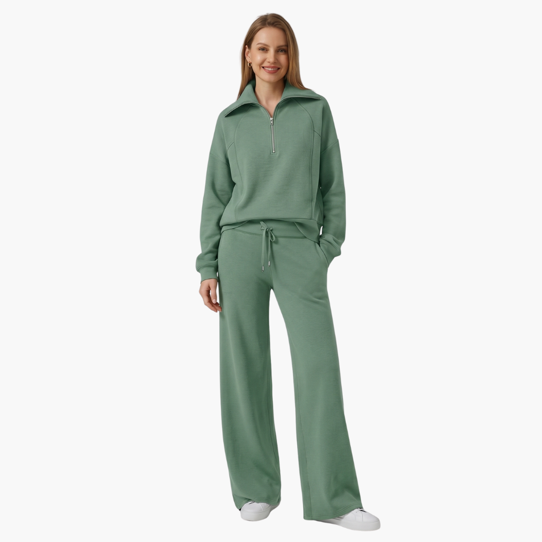 Wilfred Smith women's two-piece lounge set in sage green with half-zip top and wide-leg pants