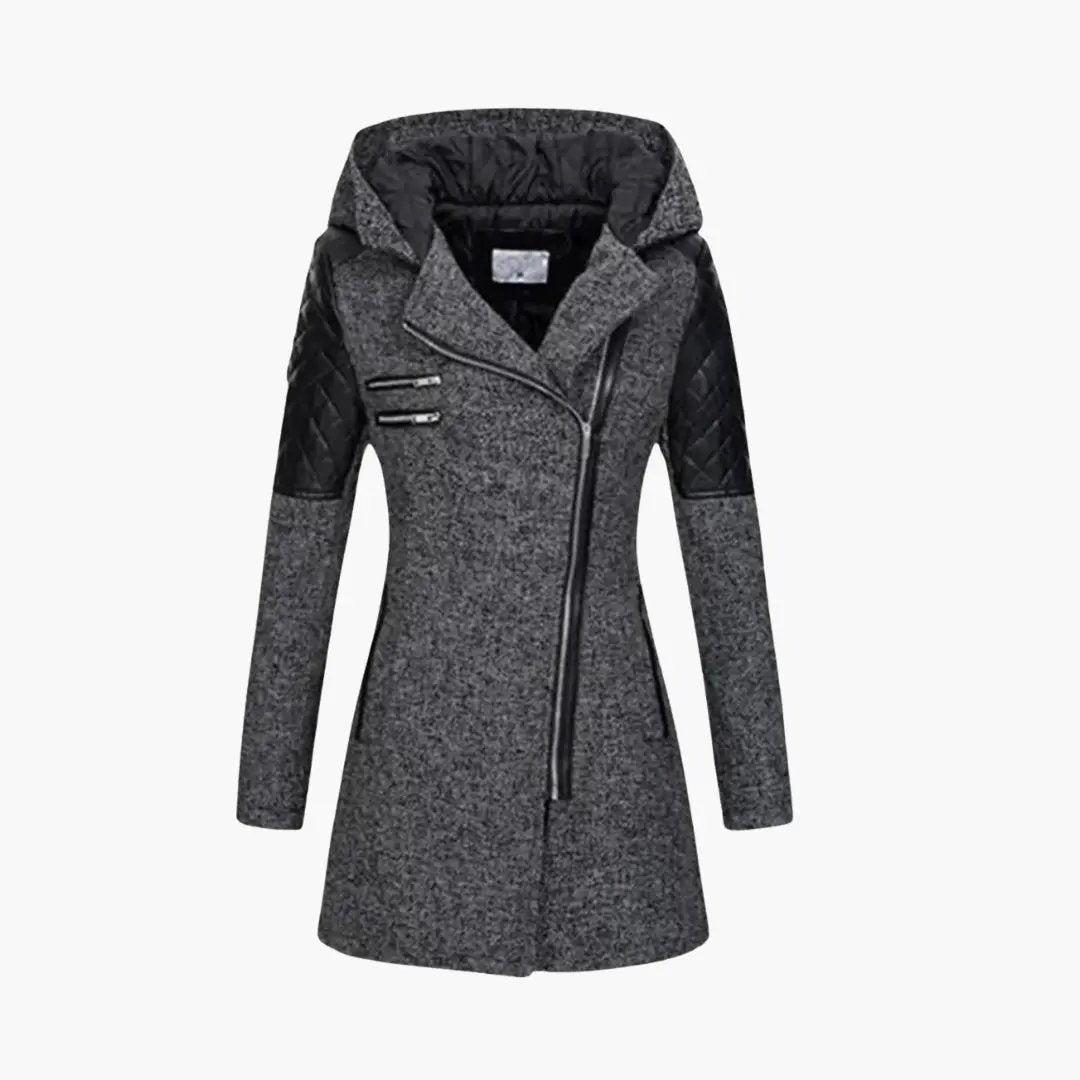 Women's long coat with hood by Wilfred Smith; grey textured body, black quilted sleeves, asymmetric zipper.