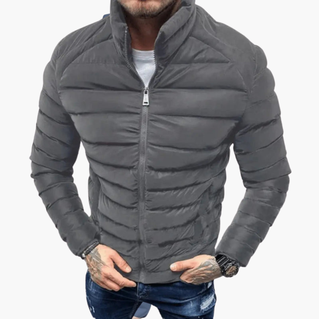 Men’s Puffer Jacket with Stand Collar and Front Zipper