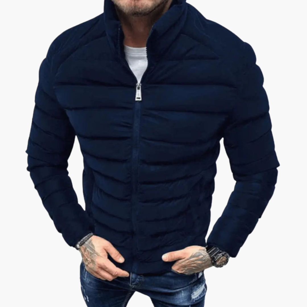 Men’s Puffer Jacket with Stand Collar and Front Zipper