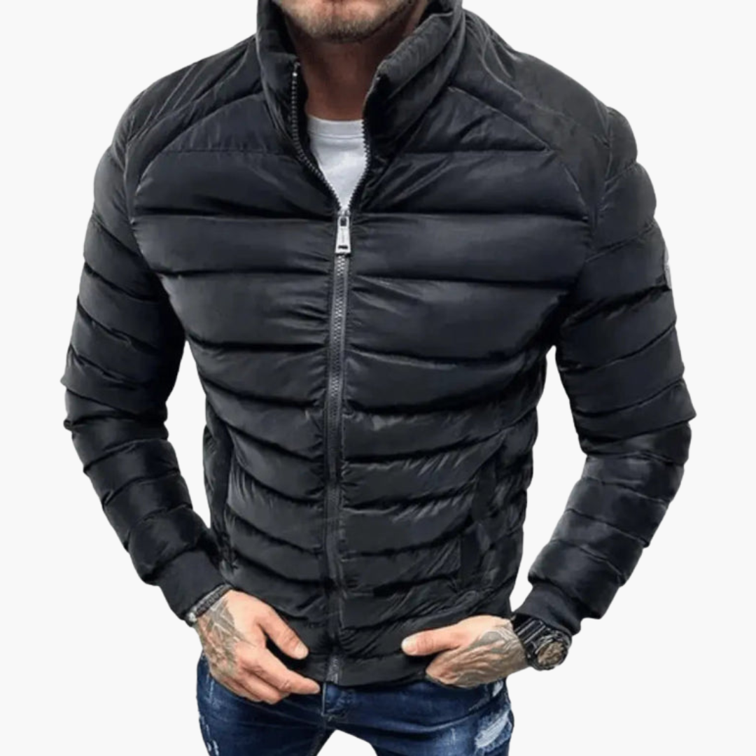 Men’s Puffer Jacket with Stand Collar and Front Zipper