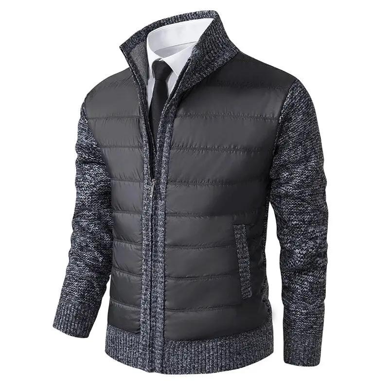 Light quilted men's jacket with dark body and speckled knit sleeves, zip front