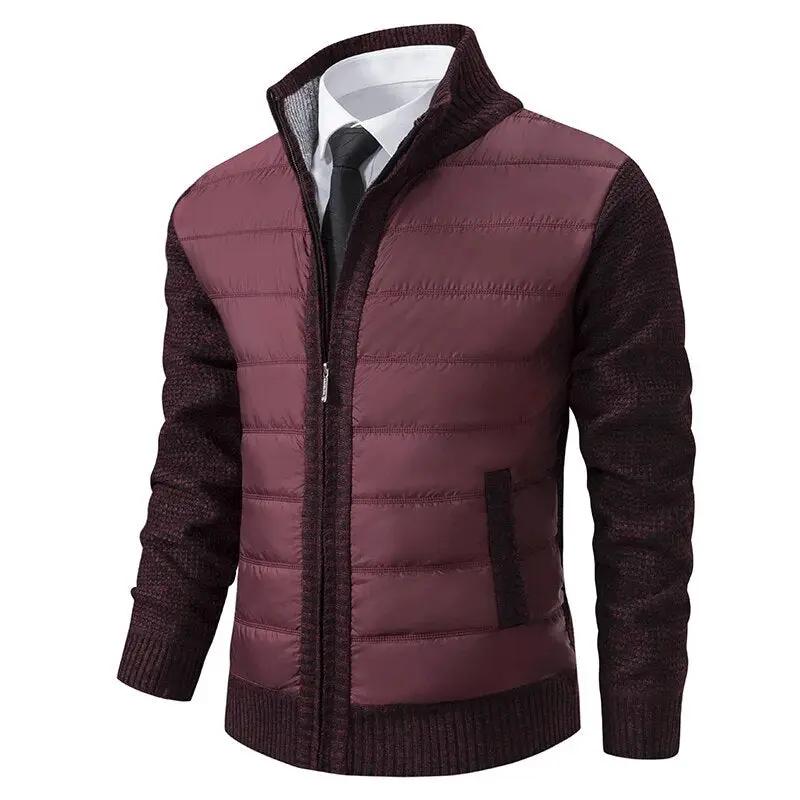 Light quilted men's jacket in burgundy with ribbed knit sleeves and front zipper