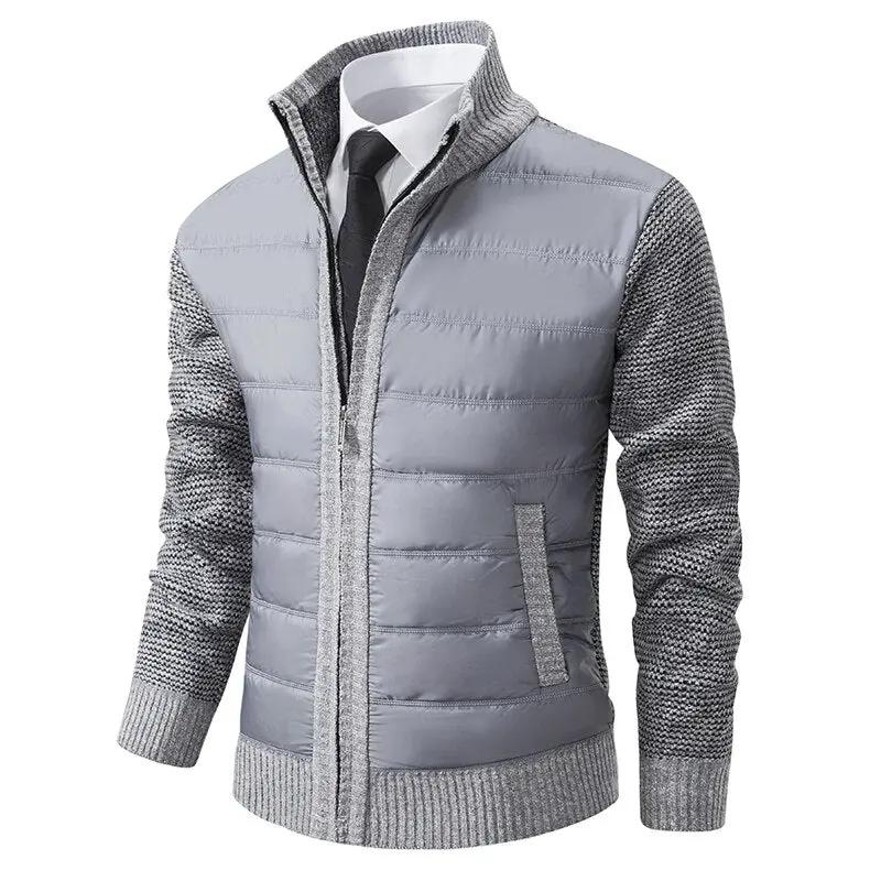 Light gray quilted men's jacket with knit sleeves, front zipper and stand collar