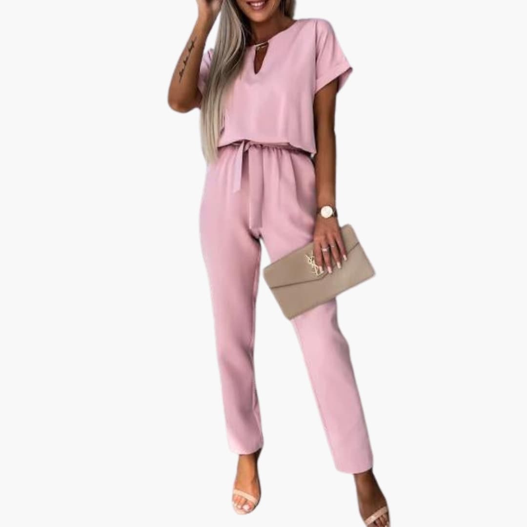 Women’s V-Neck Jumpsuit with Waist Belt in pink by Wilfred Smith, one-piece jumpsuit.