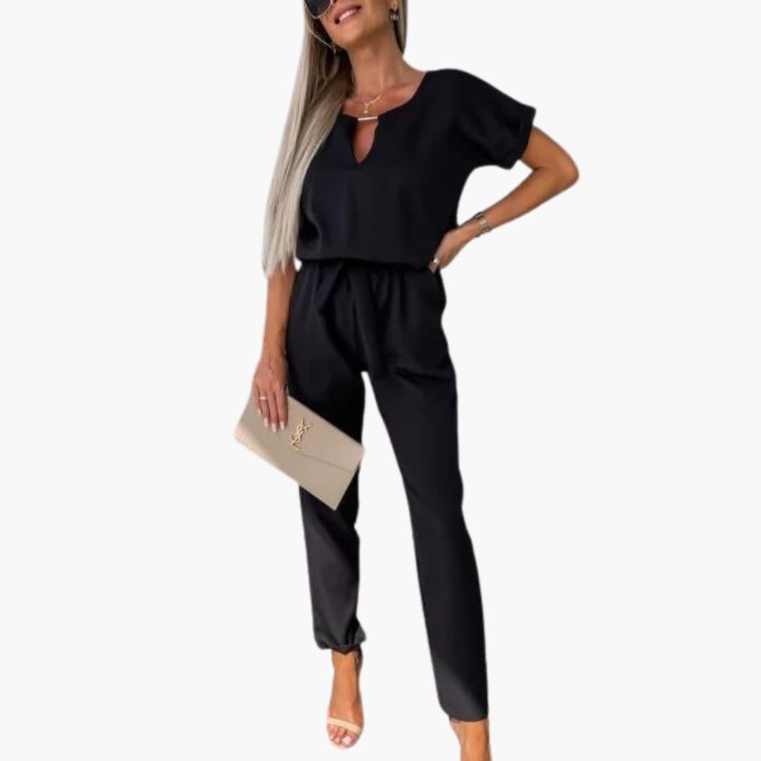 Women’s V-Neck Jumpsuit with Waist Belt by Wilfred Smith, black one-piece
